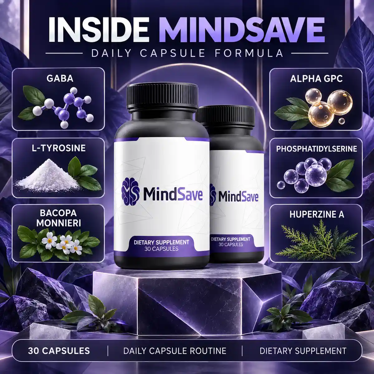 MindSave listing artwork headed Inside MindSave, with six ingredient panels around two bottles: GABA, L-tyrosine, bacopa monnieri, alpha GPC, phosphatidylserine and huperzine A