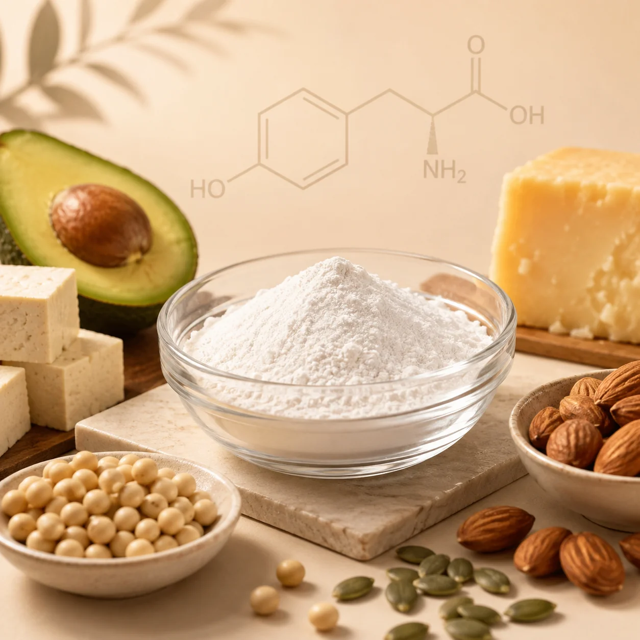White L-tyrosine powder in a glass bowl surrounded by tofu, avocado, hard cheese, almonds, soy beans and pumpkin seeds