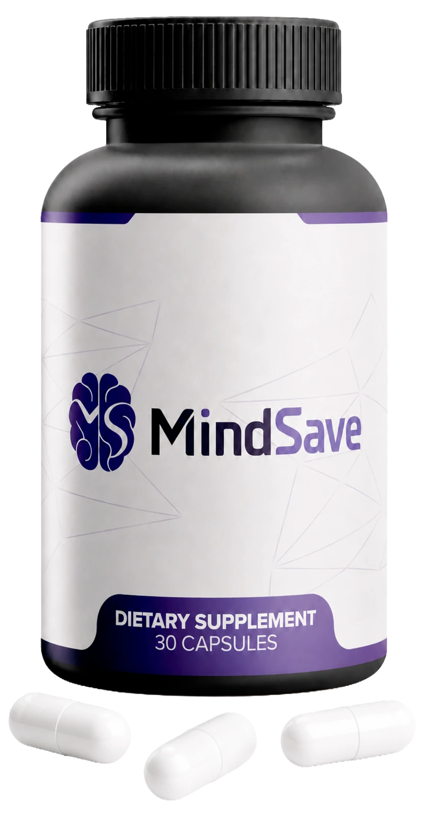 A MindSave bottle photographed upright with three white capsules lying in front of it, the label reading Dietary Supplement, 30 Capsules