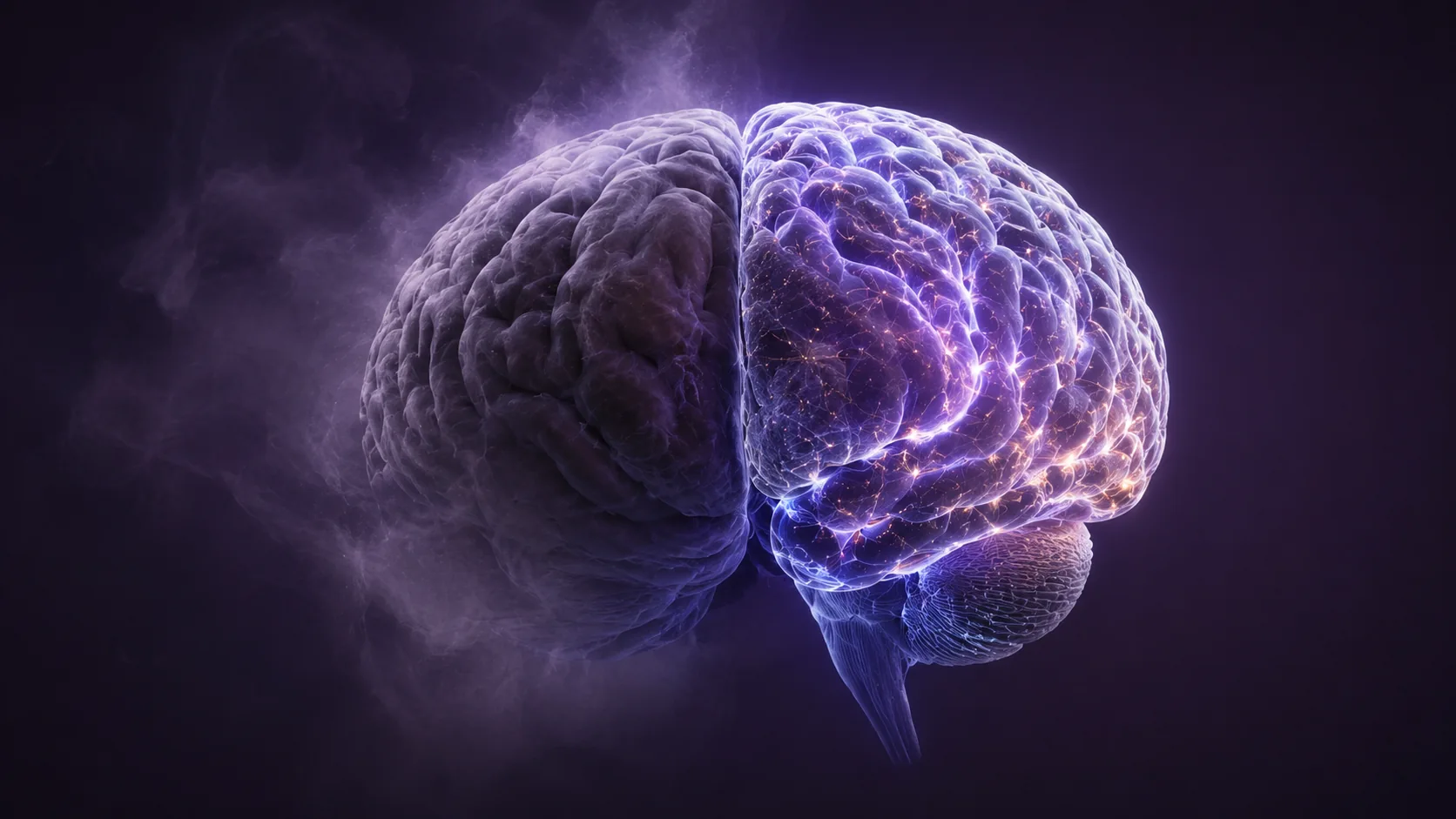An illustration of a brain in violet light, one hemisphere dark and the other lit with fine bright tracery