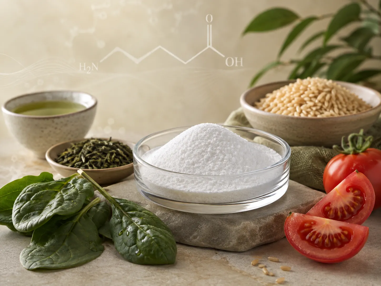 White GABA powder in a glass dish beside green tea, brown rice, spinach leaves and tomatoes