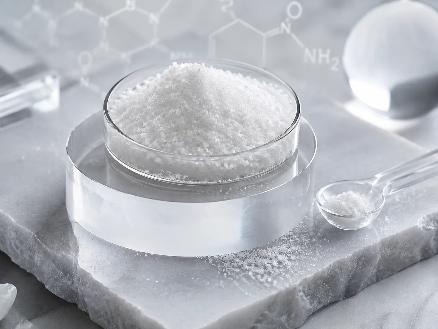White niacinamide powder in a glass dish on a marble slab, with the molecule drawn faintly behind it