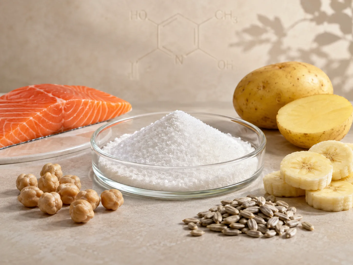 White vitamin B6 powder in a glass dish surrounded by salmon, potato, banana slices, chickpeas and sunflower seeds