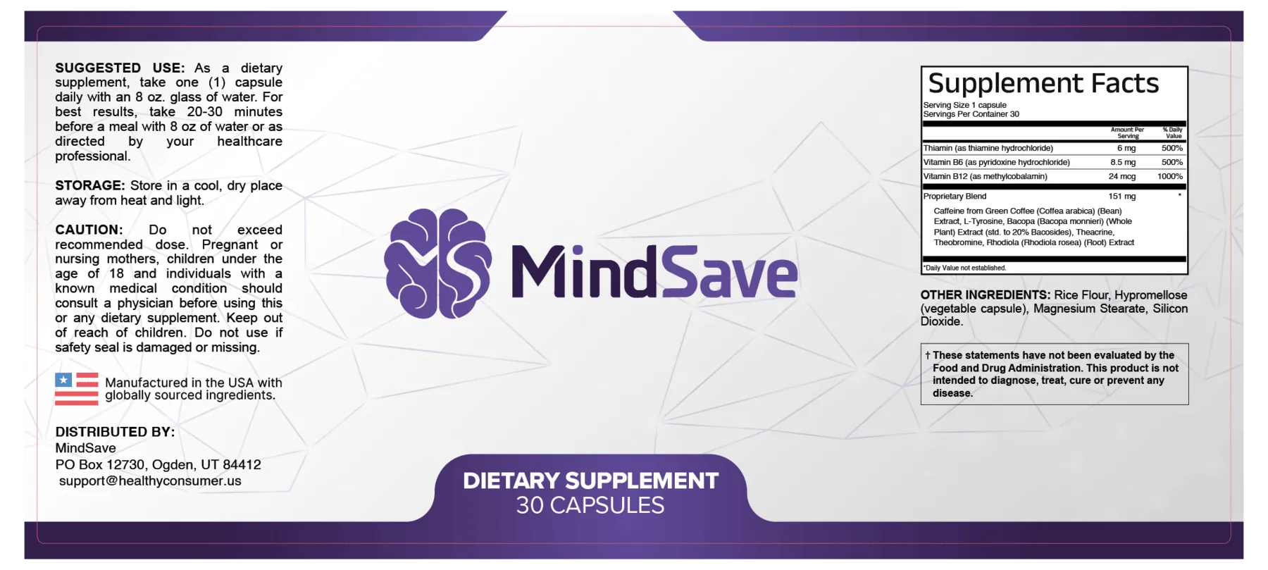 The rear MindSave label artwork, showing suggested use, storage and caution blocks on the left and a Supplement Facts panel on the right